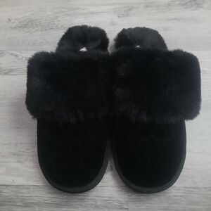 Coach Black Monogram Fur Trimed Slippers